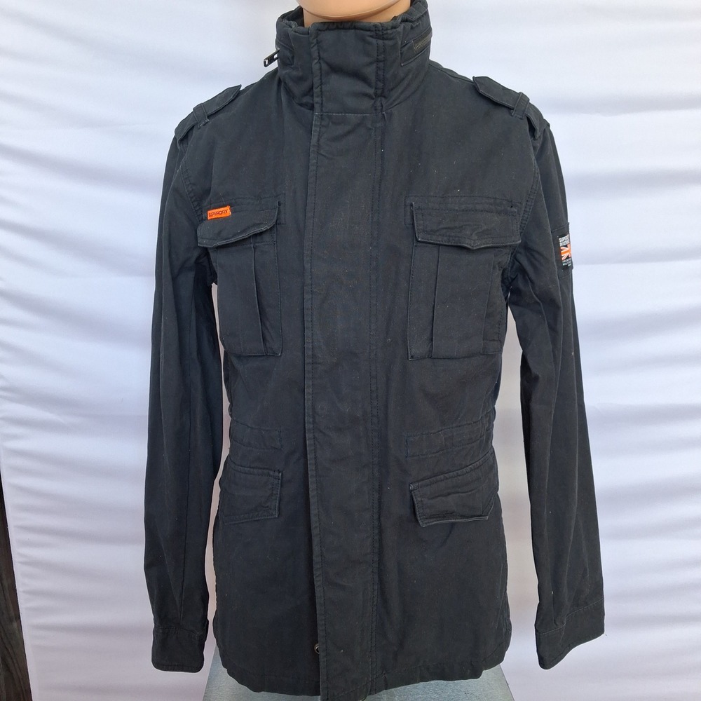 Superdry Mens Black Military Field Jacket Utility Multi Pocket Coat Medium